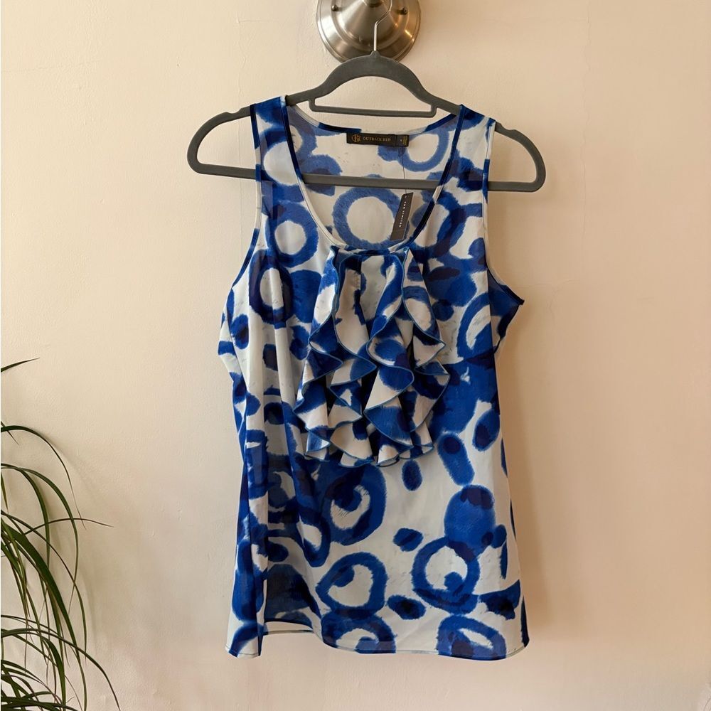 NWT Outback Red Blue and White Patterned Sleeveless Ruffle Blouse Size Medium